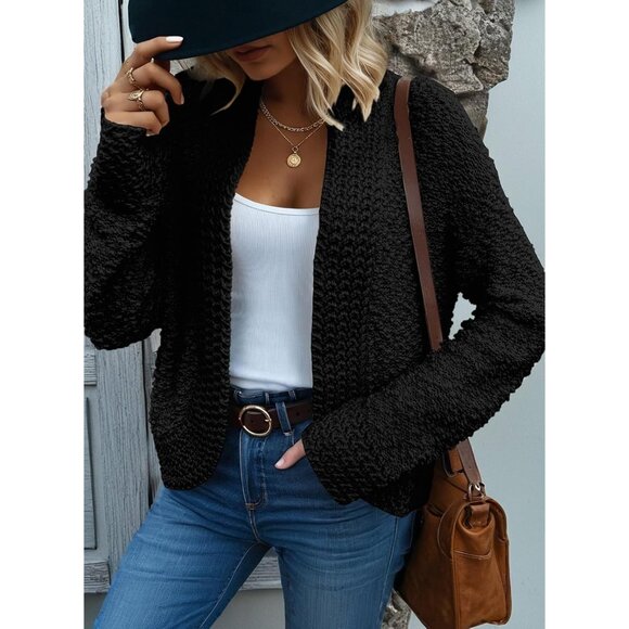 Women's Chunky Knit Cardigan - Open Front Long Sleeve Sweater - Black Size S - Picture 2 of 6